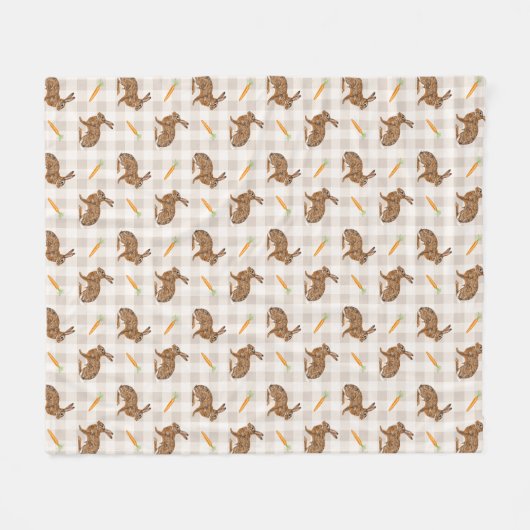Brown Hare And Carrots Beige Gingham Easter Fleecedecke (Vorderseite (Horizontal))