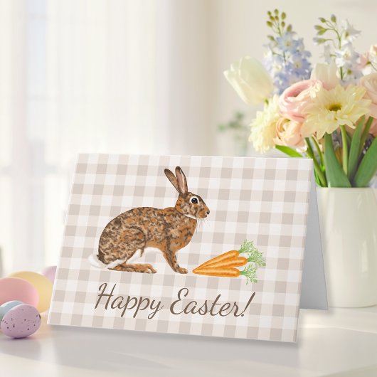 Brown Hare And Carrots Beige Gingham Happy Easter Karte