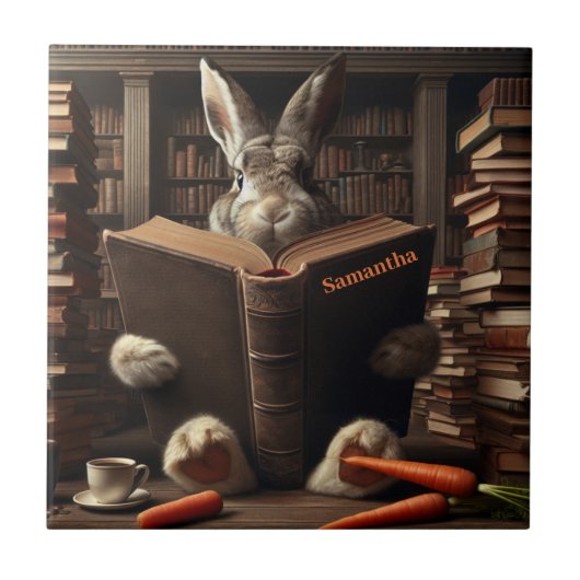 Brown Hare liest in der Bibliothek. Bearbeitbarer Fliese (Vorderseite)