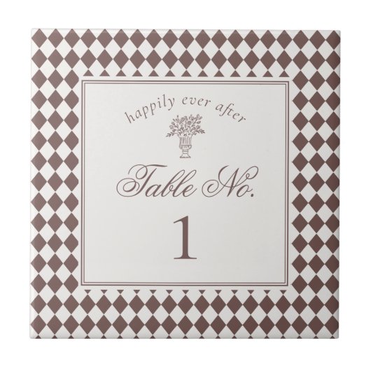 Brown Harlequin Checkered Wedding Table Number Fliese (Vorderseite)