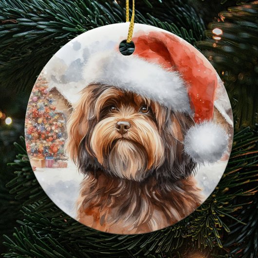 Brown Havanese Hund mit Weihnachtsmannmütze Weihna Keramik Ornament