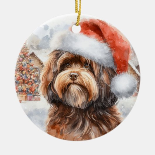 Brown Havanese Hund mit Weihnachtsmannmütze Weihna Keramik Ornament (Vorne)