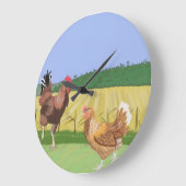 Brown Hen and Rooster im Grünen Große Wanduhr (Winkel)