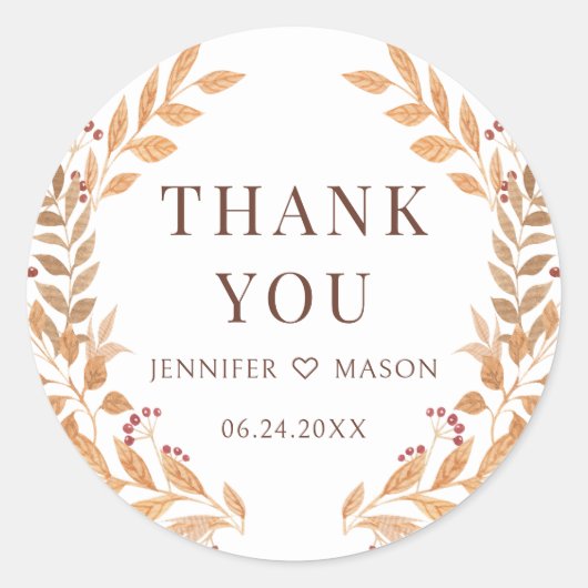 Brown Herbst Fall Tree Blätter Hochzeit Vielen Dan Runder Aufkleber (Vorderseite)