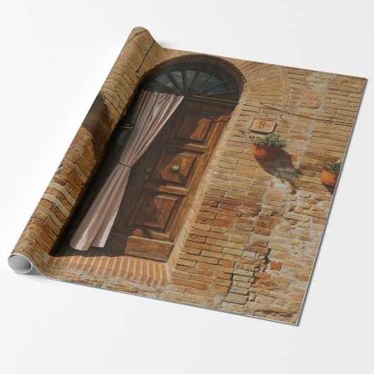 BROWN HOLZTÜR AUF BROWN BRICK WALL GESCHENKPAPIER (Ungerollt)