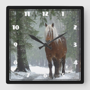 Brown Horse in a Winter Forest with Snow Falling Quadratische Wanduhr