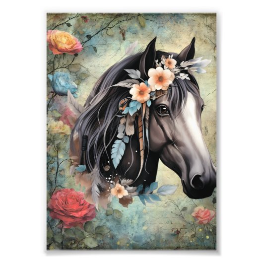 Brown horse in flowers. Fotodruck (Vorne)