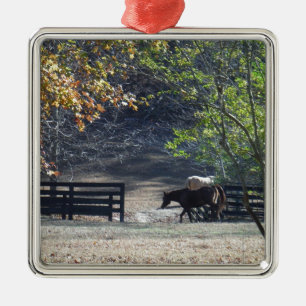 Brown Horse walking through Fence Silbernes Ornament