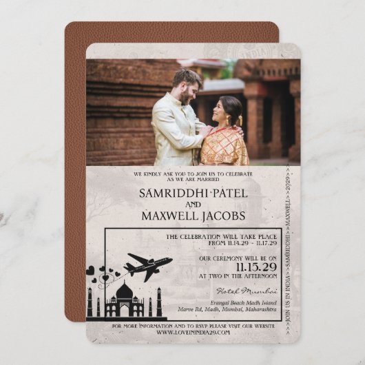 Brown India Passport Hochzeitseinladung Einladung (Vorne/Hinten)