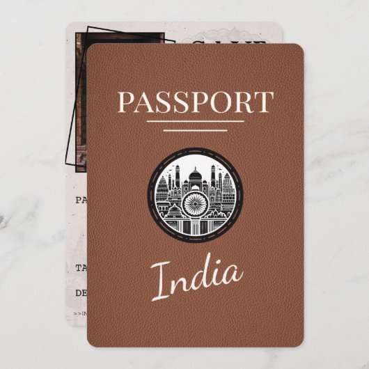 Brown India Passport Save the Date (Vorne/Hinten)