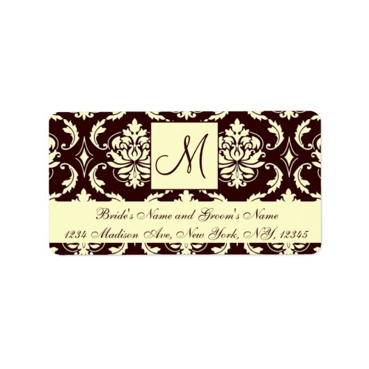 Brown Ivory Damask Monogram Wedding Address Labels Adressaufkleber (Vorne)