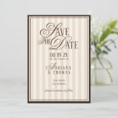 Brown Ivory Striped Old Money Calligraphy Wedding Save The Date (Stehend Vorderseite)