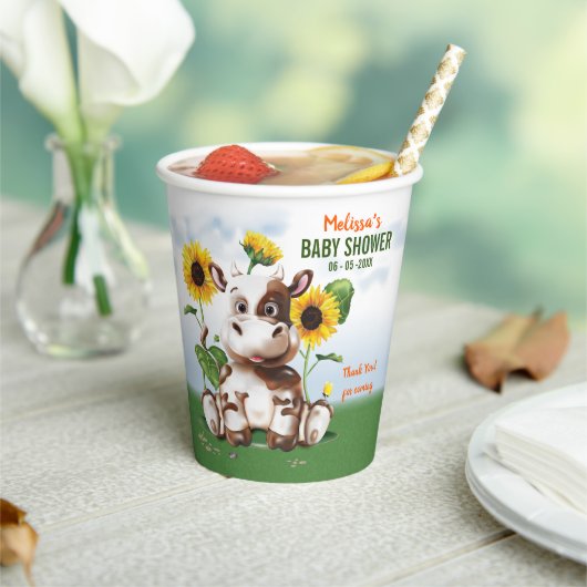 Brown Jersey Cow Sunflower Baby Dusche Pappbecher (In Situ)