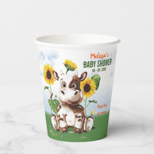 Brown Jersey Cow Sunflower Baby Dusche Pappbecher (Rückseite)