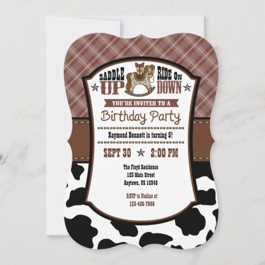 Brown Kariert Cowhide Cowboy Birthday Einladung (Vorderseite)