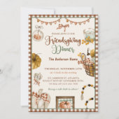 Brown Kariert Fall Pumpkin Friendsgiving Dinner Einladung (Vorderseite)
