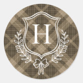 Brown Kariert Monogram Initial Christmas Runder Aufkleber (Vorderseite)