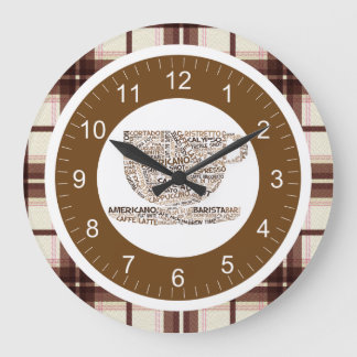 Brown Kariert Text Coffee Cup Große Wanduhr