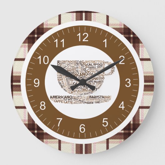Brown Kariert Text Coffee Cup Große Wanduhr (Vorderseite)