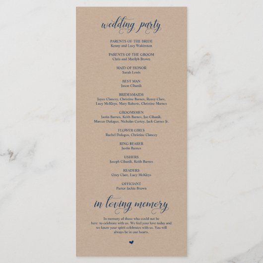 Brown Kraft, Classy Navy Blue, Hochzeitsfeier Programm (Rückseite)