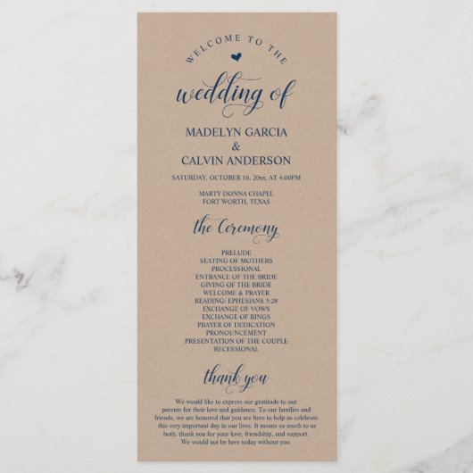Brown Kraft, Classy Navy Blue, Hochzeitsfeier Programm (Vorderseite)