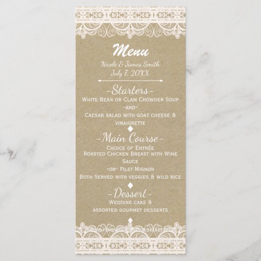 Brown Kraft Paper & Rustic White Lace Menu Menükarte (Vorderseite)