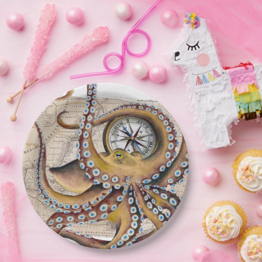 Brown-Kraken-Vintager Karten-Kompass Pappteller (Party)