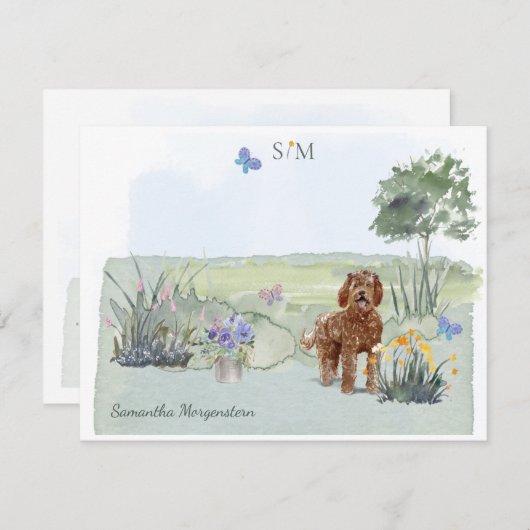 Brown Labradoodle Dog Butterfly Monogramm und Name Mitteilungskarte (Vorne/Hinten)