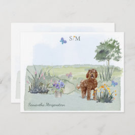 Brown Labradoodle Dog Butterfly Monogramm und Name Mitteilungskarte