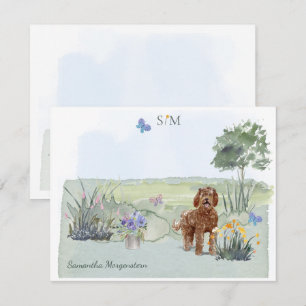 Brown Labradoodle Dog Butterfly Monogramm und Name Mitteilungskarte