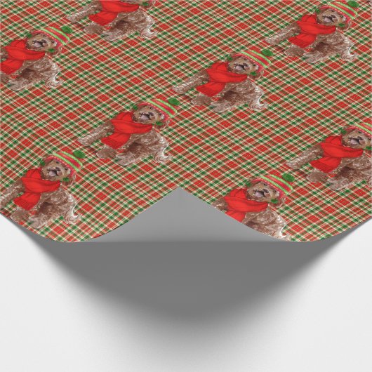 Brown Labradoodle Hund Rotes Grün Karierter Weihna Geschenkpapier (Ecke)