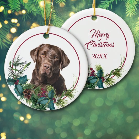 Brown Labrador Retriever Evergreen Berry Wreath Keramik Ornament