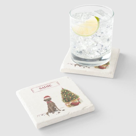 Brown Labrador Retriever Funny Christmas Dog Tree Steinuntersetzer (Seitenansicht)