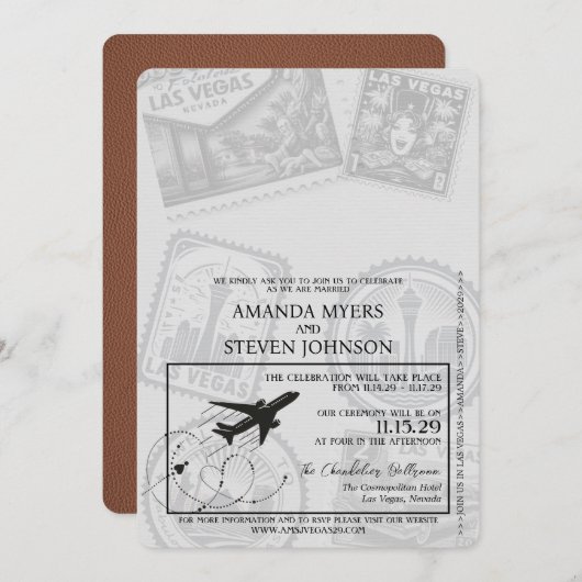 Brown Las Vegas Passport Wedding Einladung (Vorne/Hinten)