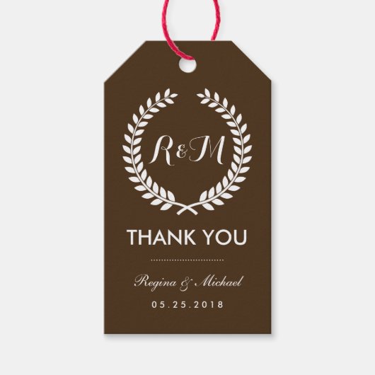 Brown Laurel Wreath Monogram Wedding Gift Tag Geschenkanhänger (Vorderseite)