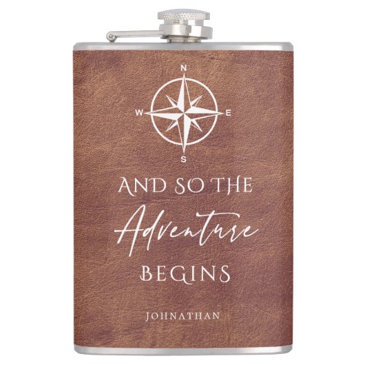 Brown Leather Adventure Personalisiert Flachmann (Vorderseite)