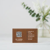 Brown Leather Business QR Code Social Media Visitenkarte (Stehend Vorderseite)