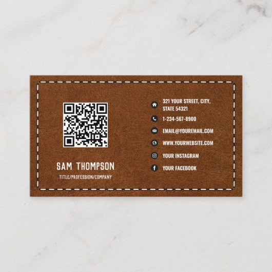 Brown Leather Business QR Code Social Media Visitenkarte (Vorderseite)