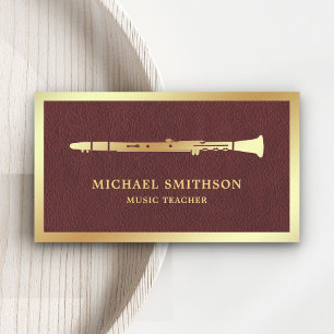 Brown Leather Gold Foil Klarinette Music Teacher Visitenkarte