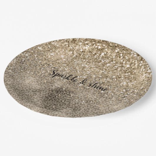 Brown Leopard Print Gold Glitter sparkle Pappteller (Schrägansicht)