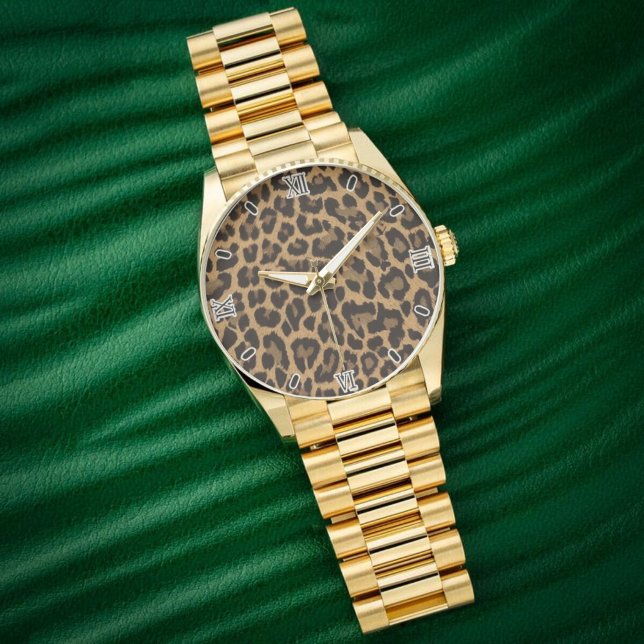 Brown Leopard Print Minimalist Analog Roman Numera Armbanduhr (Von Creator hochgeladen)