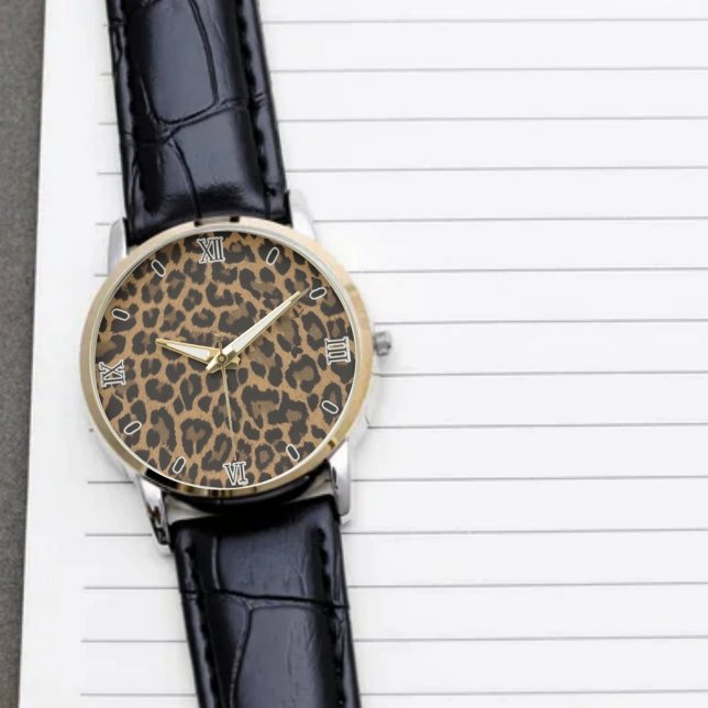 Brown Leopard Print Minimalist Analog Roman Numera Armbanduhr (Von Creator hochgeladen)