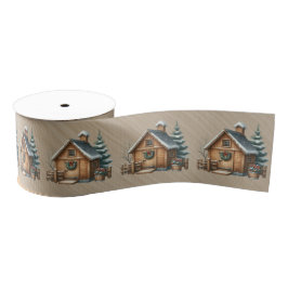 Brown Log House Christmas Scene Ripsband