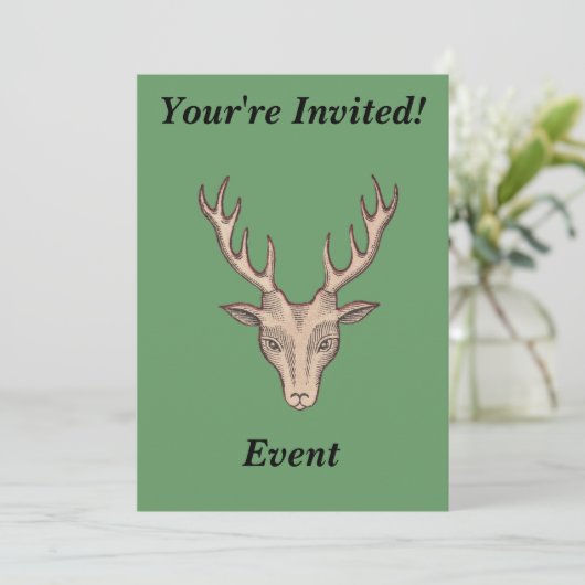 Brown Male Deer Head Big Antler Green Einladung (Stehend Vorderseite)