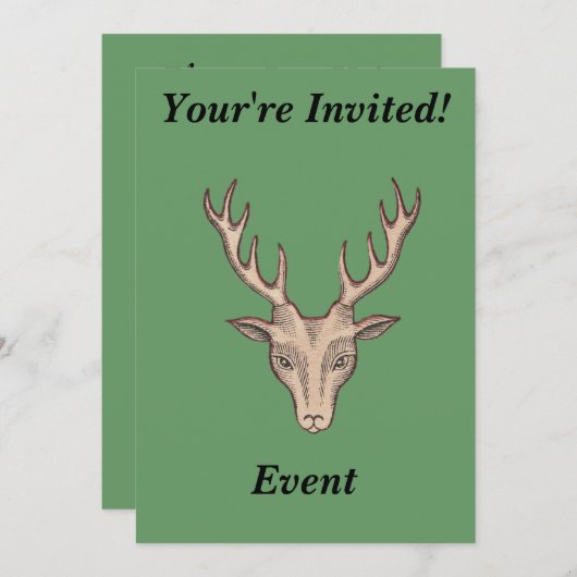 Brown Male Deer Head Big Antler Green Einladung (Vorne/Hinten)