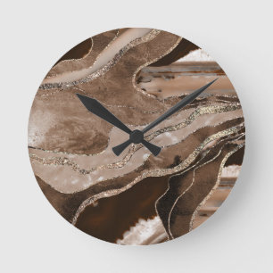 Brown Marble Agate Gold Glitzer Glam #1  Runde Wanduhr