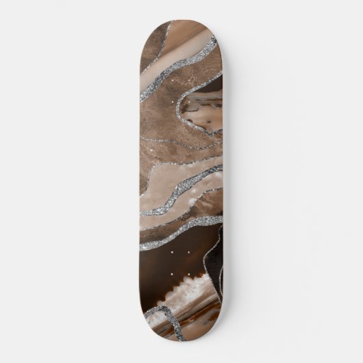 Brown Marble Agate Silver Glitzer Glam #1 Skateboard (Vorderseite)