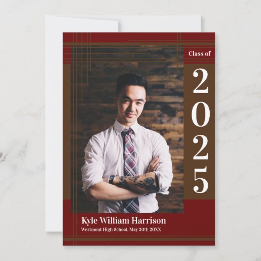 Brown Maroon School Color Abschluss Foto Kariert Einladung (Vorderseite)