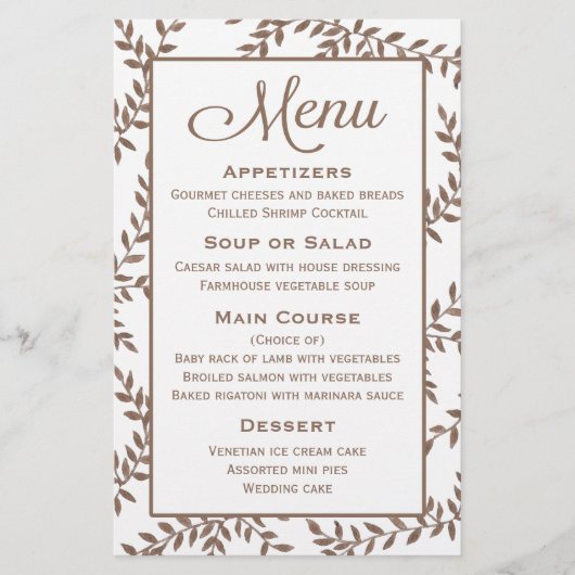 Brown Menu Floral Leaf Wasserfarbe - Hochzeitsfeie (Vorderseite)