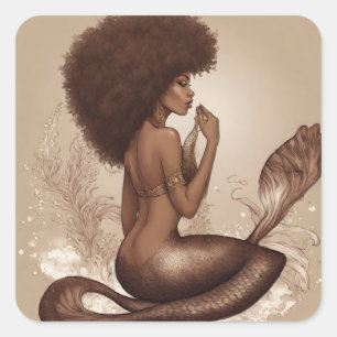 Brown Mermaid Afro Art Print Quadratischer Aufkleber